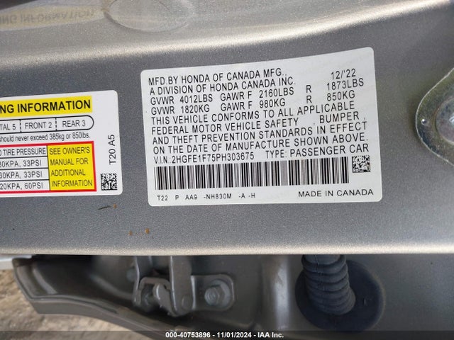 Honda Civic Ex /ex W/o Bsi 2023 2HGFE1F75PH303675 Image 9
