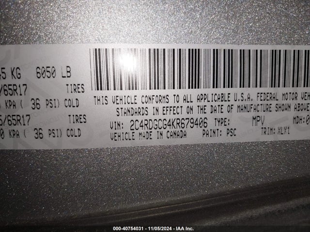 40754031 :رقم المزاد ، 2C4RDGCG4KR679406 vin ، 2019 Dodge Grand Caravan Sxt مزاد بيع