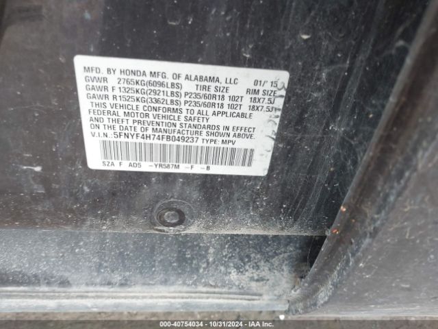 5FNYF4H74FB049237 Honda Pilot Ex-l