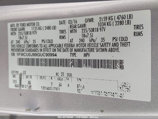 Ford Escape Titanium 2016 1FMCU0J99GUC90994 Image 9