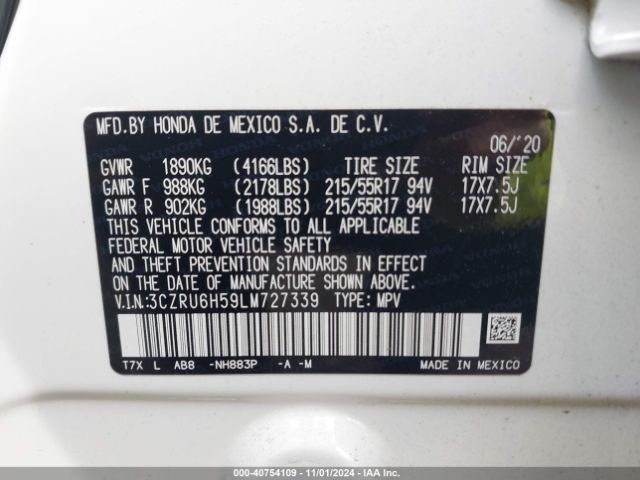 3CZRU6H59LM727339 Honda Hr-v Awd Ex