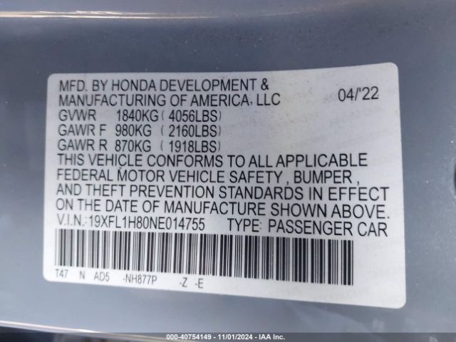 19XFL1H80NE014755 Honda Civic Sport Touring