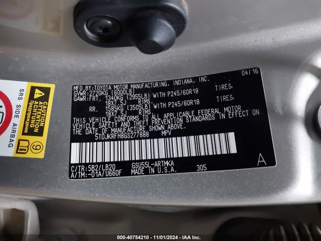 Toyota Highlander Xle V6 2016 5TDJKRFH8GS277888 Image 9