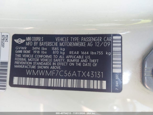 2010 MINI COOPER S WMWMF7C56ATX43131 Photo 8