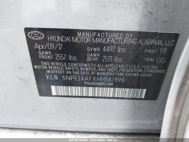 5NPE24AFXHH587896 Hyundai SONATA SE