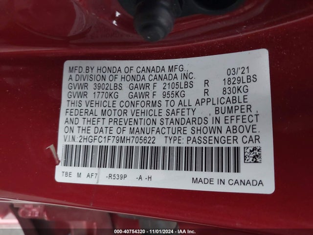 Honda Civic Ex-l 2021 2HGFC1F79MH705622 Image 9