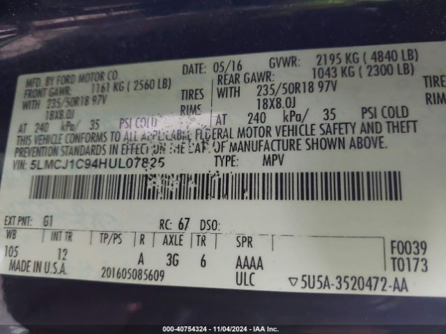 5LMCJ1C94HUL07825 Lincoln Mkc Premiere