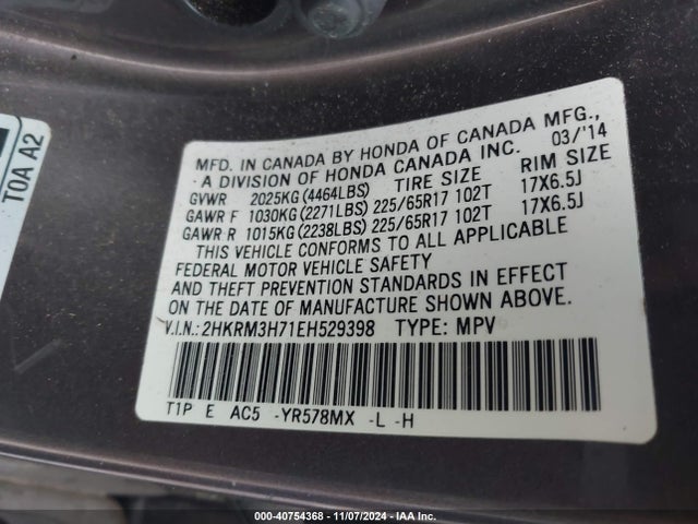 Honda Cr-v Ex-l 2014 2HKRM3H71EH529398 Image 9
