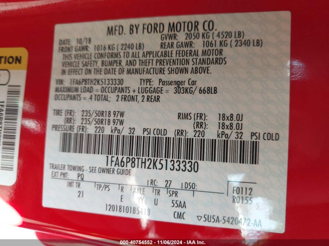 Ford Mustang Ecoboost 2019 1FA6P8TH2K5133330 Image 9