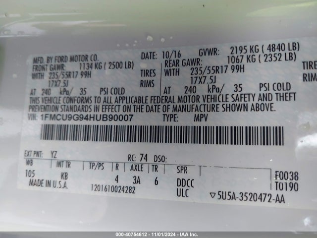 Ford ESCAPE SE 2017 1FMCU9G94HUB90007 Image 9