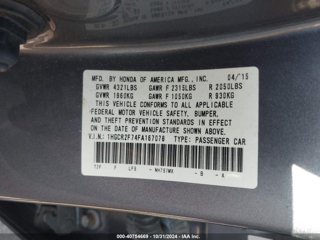 Honda ACCORD EX 2015 1HGCR2F74FA167078 Image 9