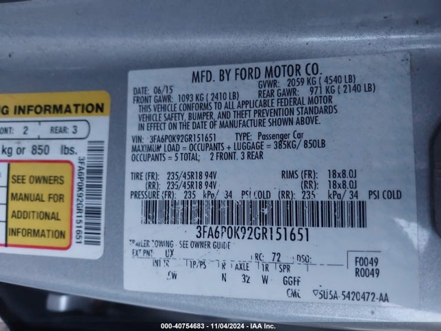 Ford Fusion Titanium 2016 3FA6P0K92GR151651 Image 9