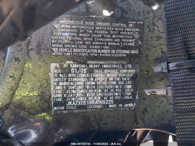 2008 KAWASAKI ZX1000 JKAZXCE168A005225 Photo 9