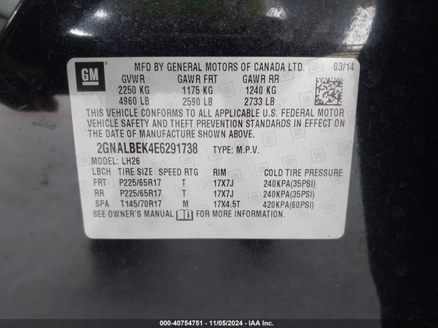 Chevrolet EQUINOX 1LT 2014 2GNALBEK4E6291738 Image 9
