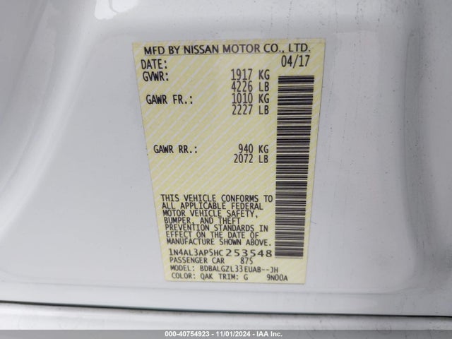 Nissan Altima 2.5 S 2017 1N4AL3AP5HC253548 Image 9