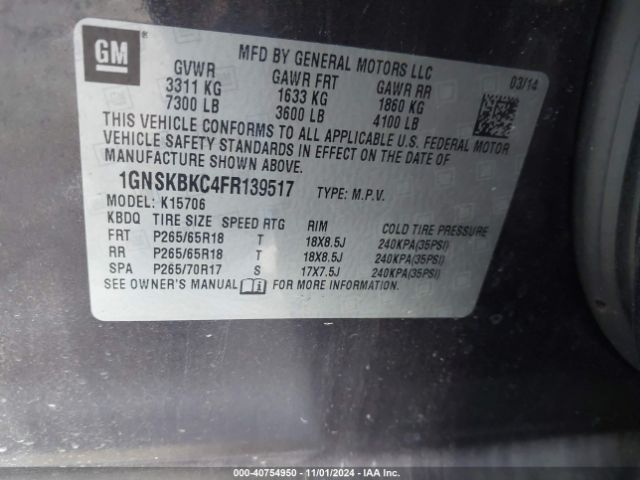 1GNSKBKC4FR139517 Chevrolet Tahoe Lt