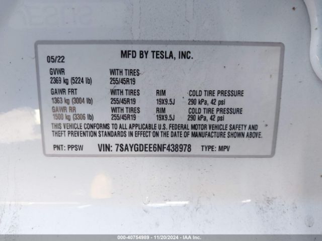 7SAYGDEE6NF438978 Tesla Model Y Long Range Dual Motor All-wheel Drive