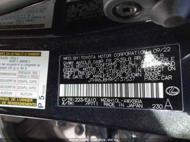 JTHX6JBH9P2137537 Lexus UX 250H