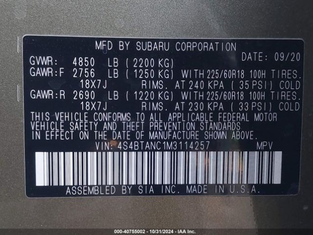 4S4BTANC1M3114257 Subaru Outback Limited