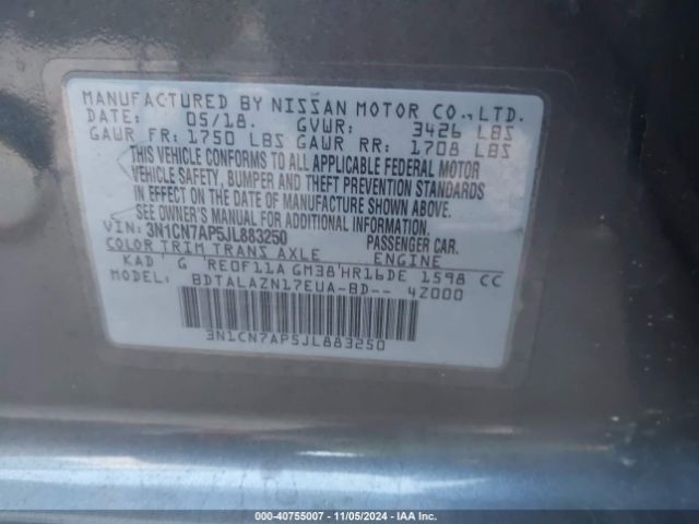 3N1CN7AP5JL883250 Nissan Versa 1.6 S+