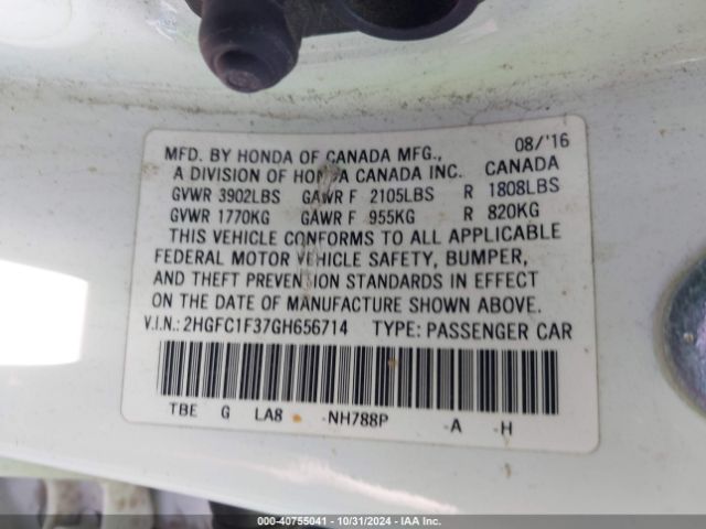2HGFC1F37GH656714 Honda Civic Ex-t