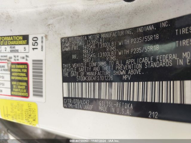 5TDDK3DC4FS101226 Toyota Sienna Xle 7 Passenger