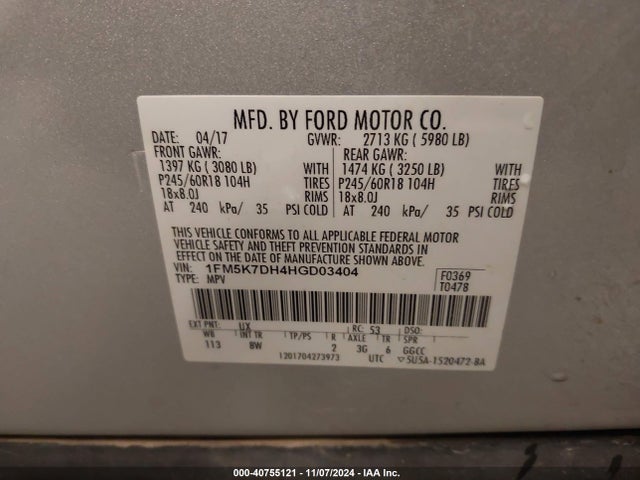 1FM5K7DH4HGD03404 Ford EXPLORER XLT