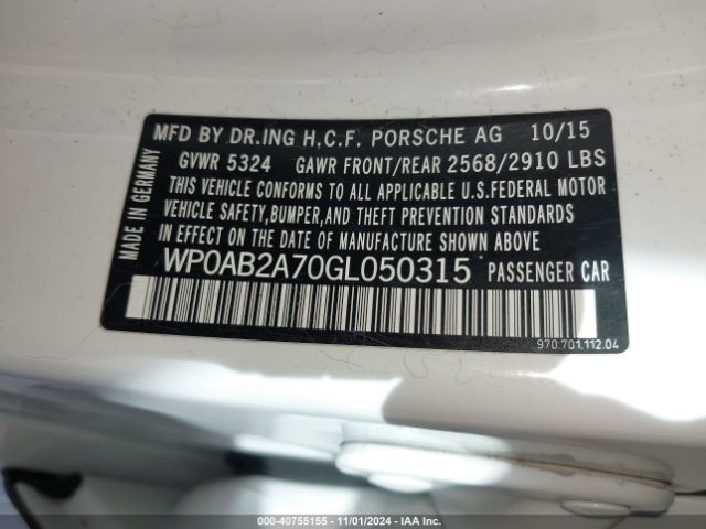 WP0AB2A70GL050315 Porsche PANAMERA S