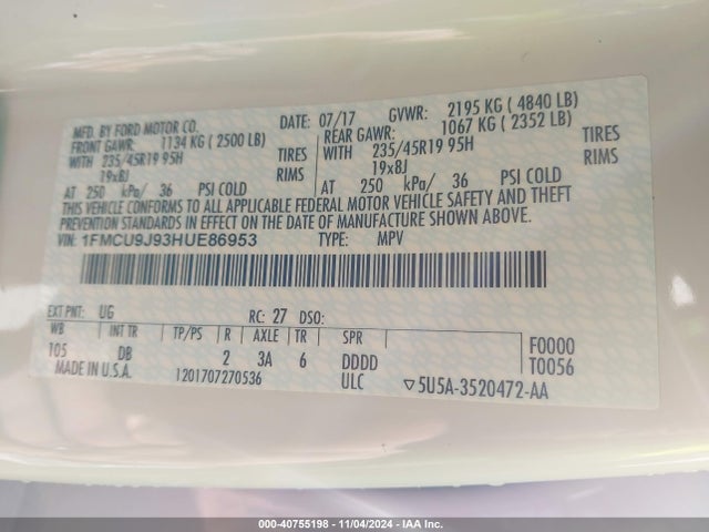 Ford Escape Titanium 2017 1FMCU9J93HUE86953 Image 9