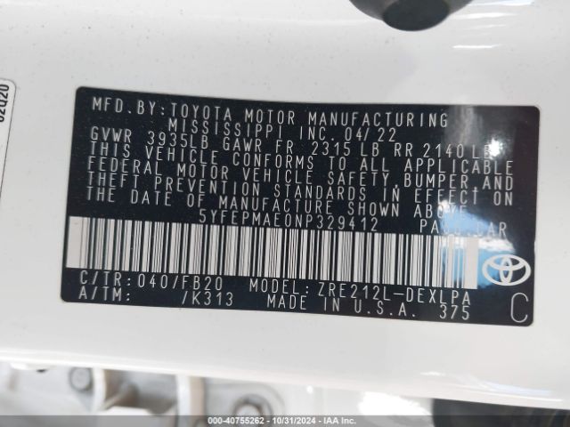 5YFEPMAE0NP329412 Toyota COROLLA LE