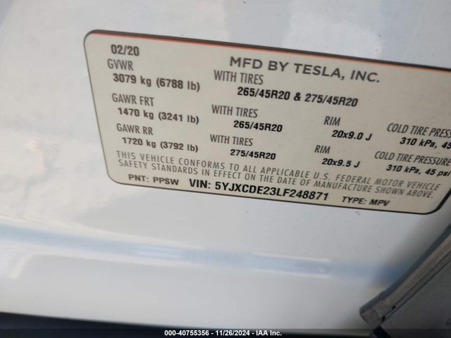 2020 TESLA MODEL X 5YJXCDE23LF248871 Photo 8