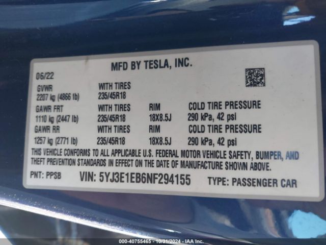 2022 TESLA MODEL 3 5YJ3E1EB6NF294155 Photo 8