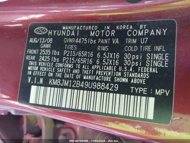 Aukcja sprzedaży 2009 Hyundai Tucson Gls, vin: KM8JM12B49U988429, numer aukcji: 40755496
