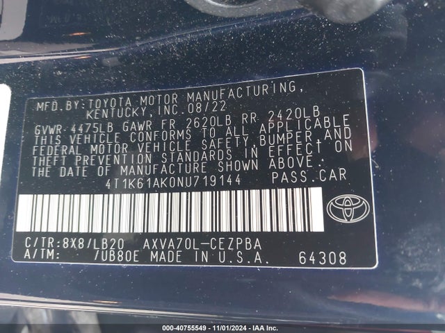 4T1K61AK0NU719144 Toyota CAMRY XSE