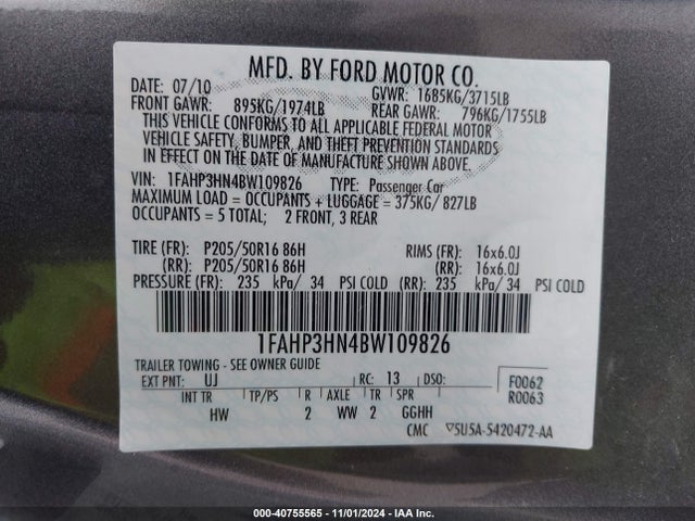 40755565 :رقم المزاد ، 1FAHP3HN4BW109826 vin ، 2011 Ford Focus Sel مزاد بيع