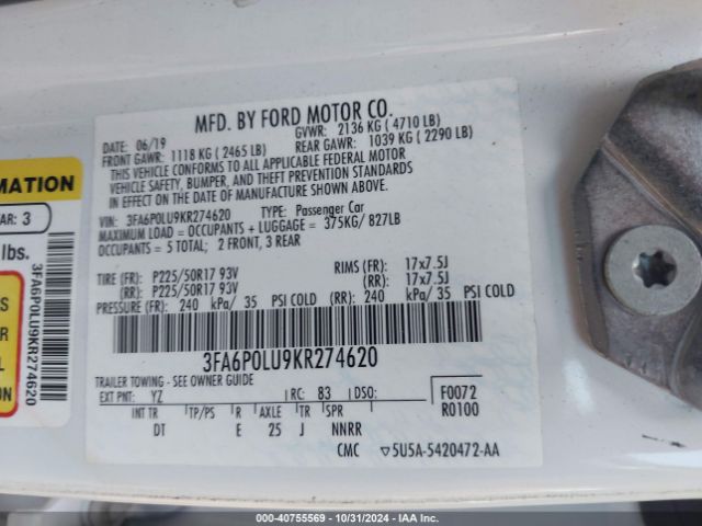 3FA6P0LU9KR274620 Ford Fusion Hybrid Se