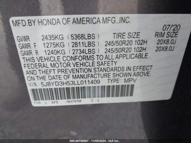 5J8YD3H53LL011409 Acura Mdx Technology Package