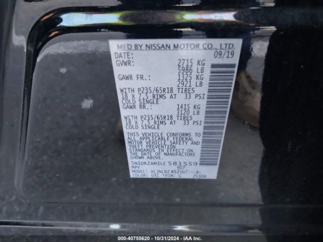 5N1DR2AM3LC581559 Nissan Pathfinder S 4wd