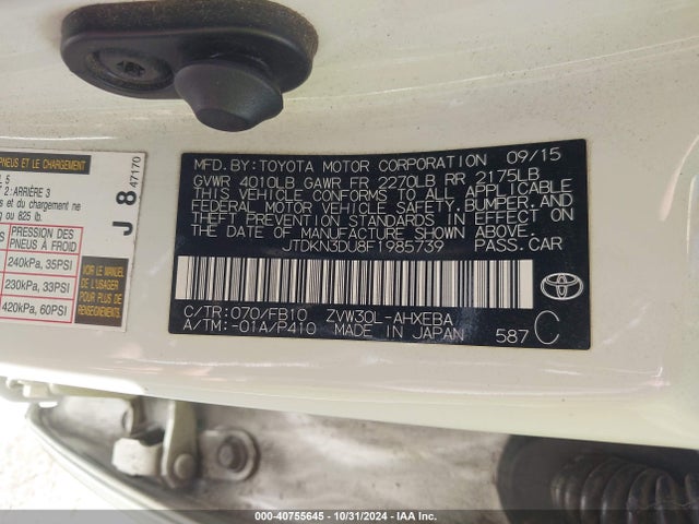 Toyota Prius Two 2015 JTDKN3DU8F1985739 Image 9