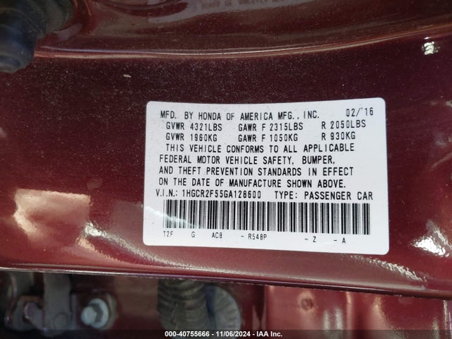 1HGCR2F55GA128600 Honda Accord Sport