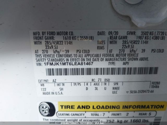 1FMJK1MT6LEA81467 Ford Expedition Platinum Max