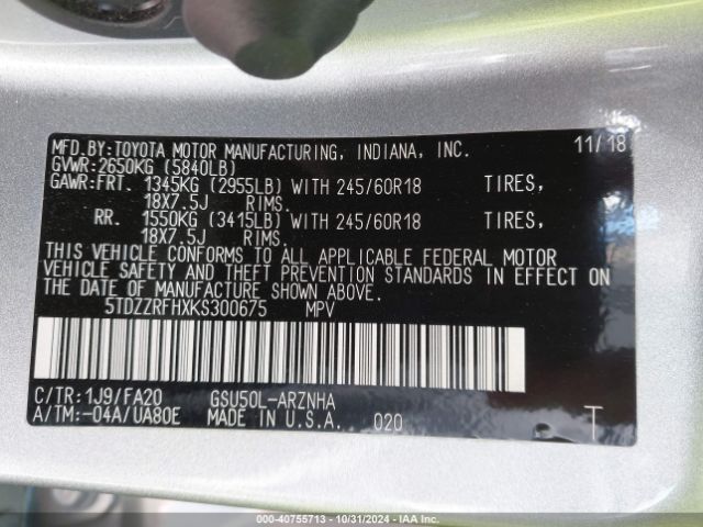 5TDZZRFHXKS300675 Toyota Highlander Le Plus