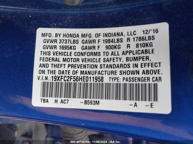 Honda Civic Lx 2017 19XFC2F56HE011958 Image 9