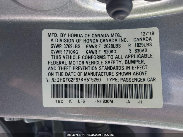 2HGFC2F67KH519250 Honda Civic Lx