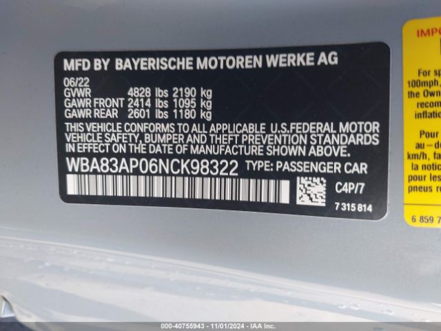 WBA83AP06NCK98322 BMW M440I