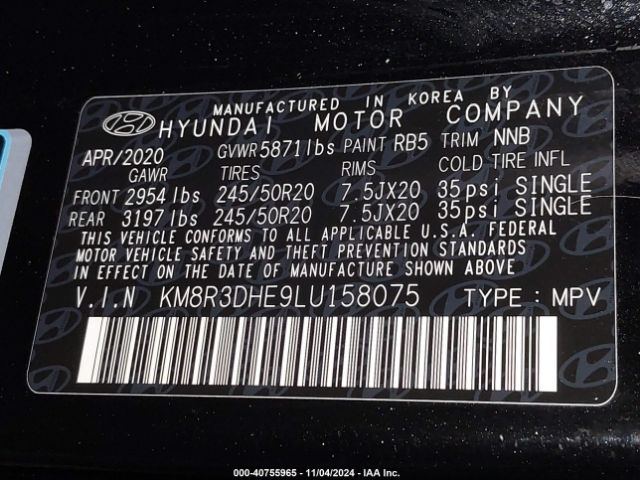 KM8R3DHE9LU158075 Hyundai Palisade Sel