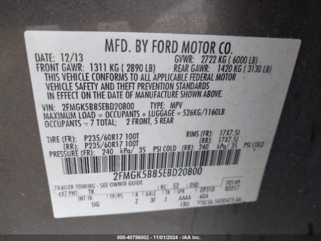 2FMGK5B85EBD20800 Ford FLEX SE