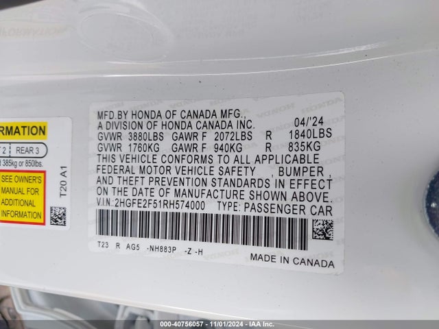 Honda Civic Sport 2024 2HGFE2F51RH574000 Image 9