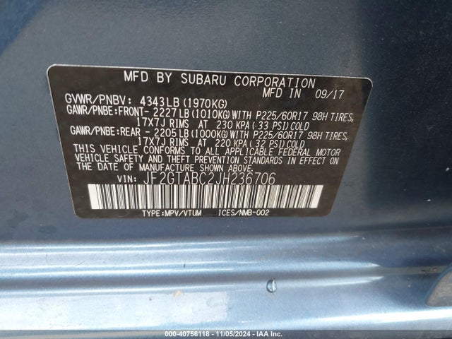 Subaru Crosstrek 2.0i Premium 2018 JF2GTABC2JH236706 Image 9