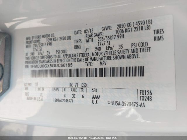 1FMCU0GX5GUC60185 Ford ESCAPE SE